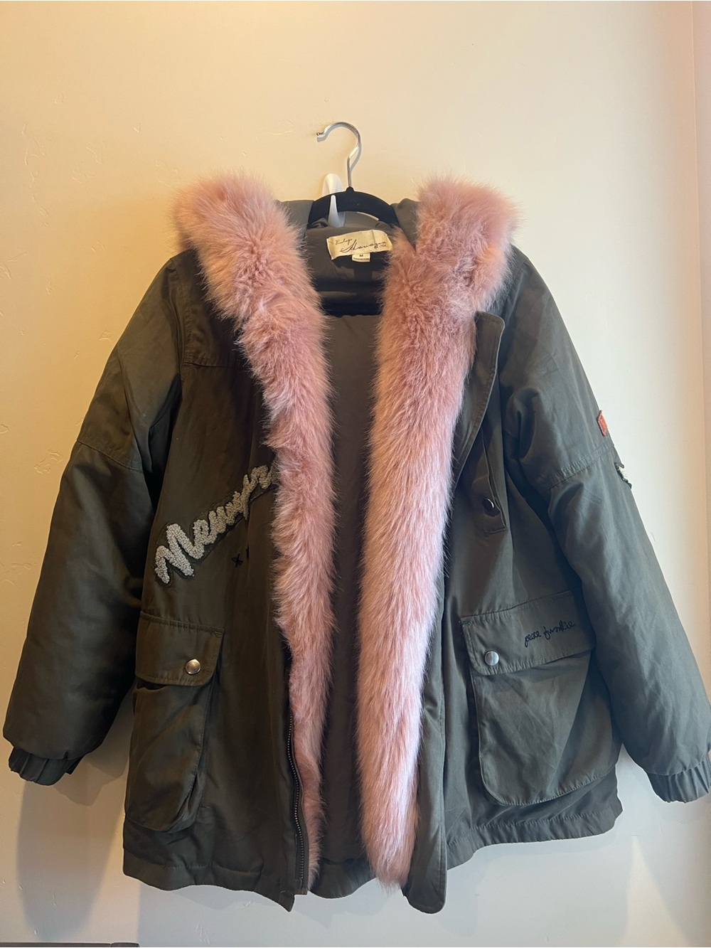 Vintage Olive Green Puffer Jacket with Pink Faux Fur Hood Trim